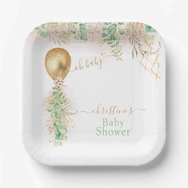 Gold Balloon Eucalyptus Glitter Baby Shower Paper Plates (Front)