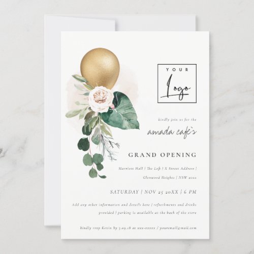Gold Balloon Floral Logo Grand Opening Invite 
