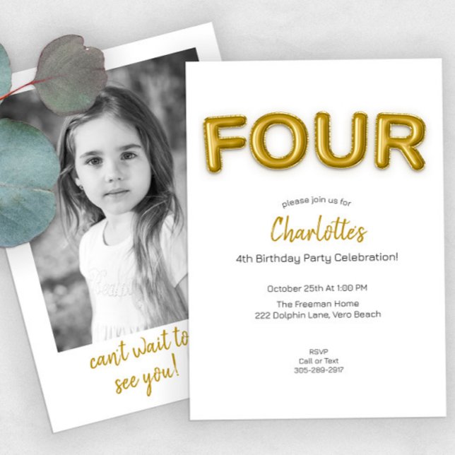 Gold Balloon Fourth Birthday Photo Invite (Creator Uploaded)