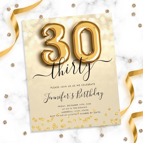 Gold Balloon Glitter 30th Birthday Party Invite Flyer