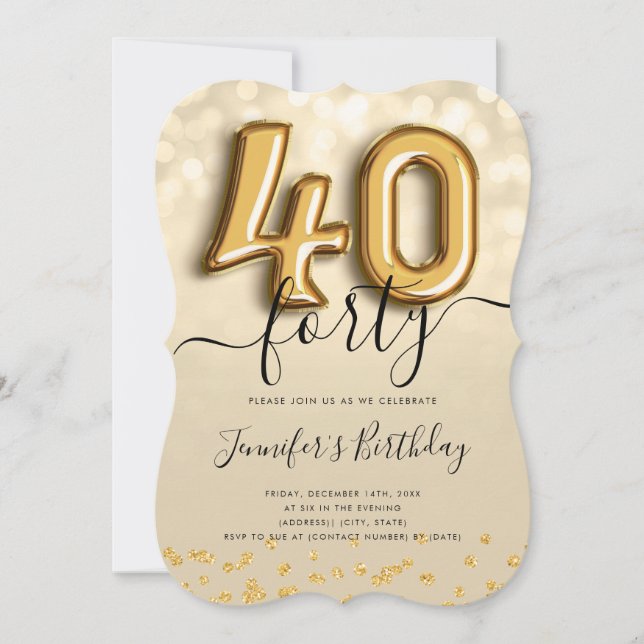 Gold Balloon Glitter 40th Birthday Party Invite (Front)