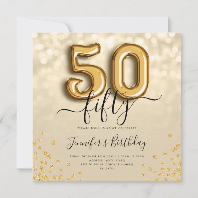 Gold Balloon Glitter 50th Birthday Party Invite (Front)