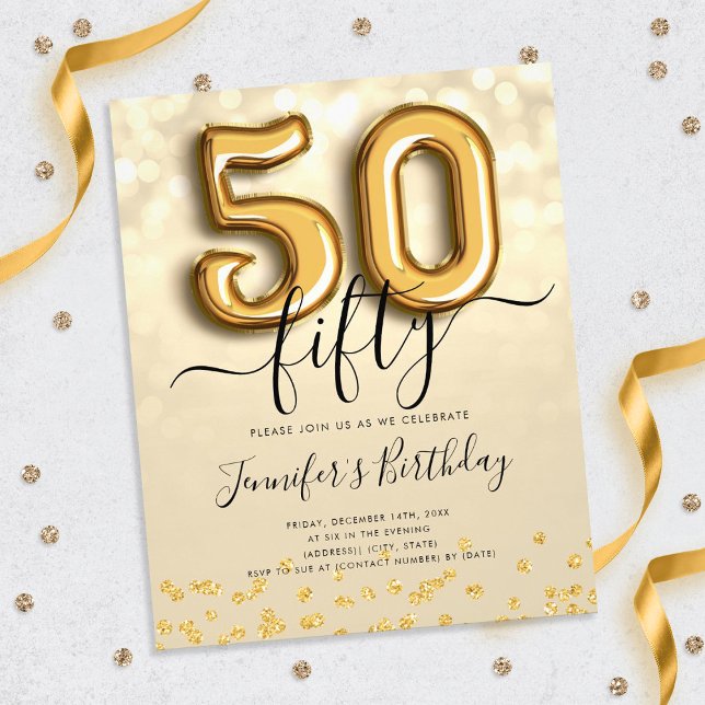 Gold Balloon Glitter 50th Birthday Party Invite Flyer (Creator Uploaded)