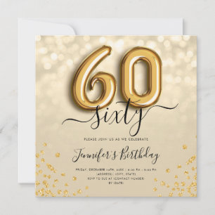 Gold Balloon Glitter 60th Birthday Party Invite