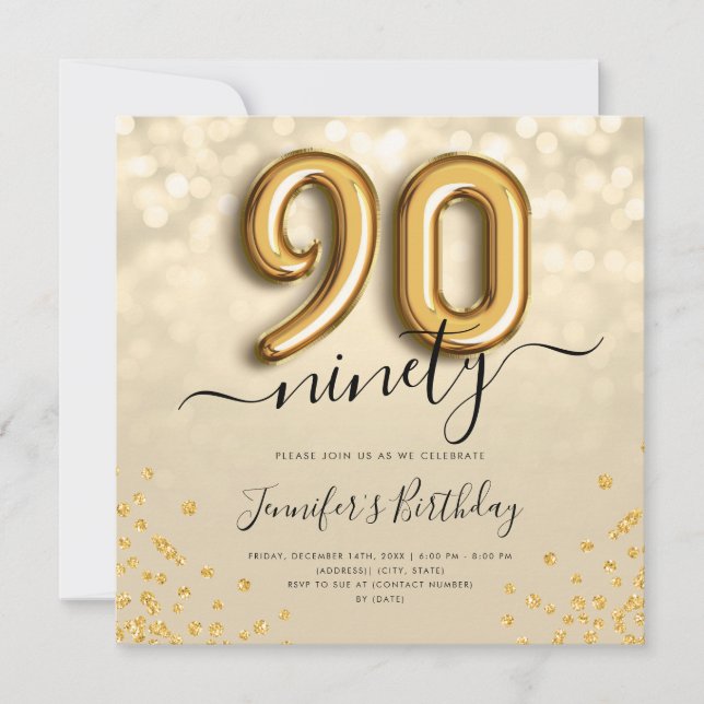 Gold Balloon Glitter 90th Birthday Party Invite (Front)