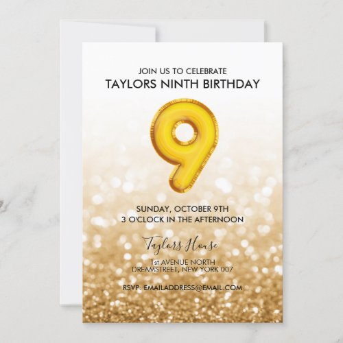 Gold Balloon Glitter 9th Birthday Party Invitation