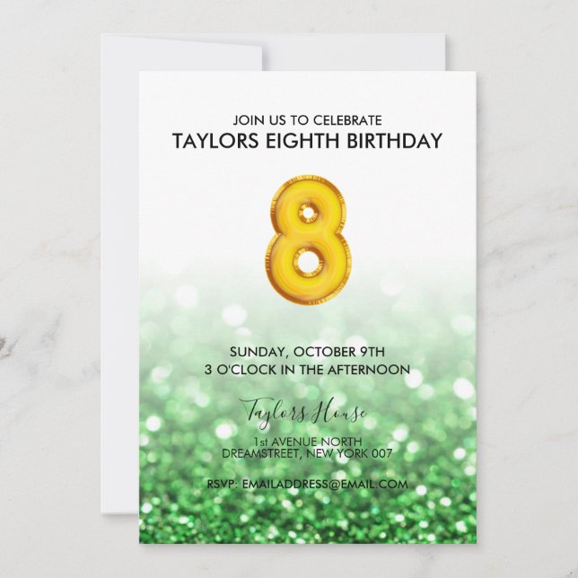Gold Balloon Green Glitter 8th Birthday Party Invitation (Front)