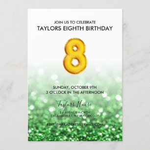 Gold Balloon Green Glitter 8th Birthday Party Invitation