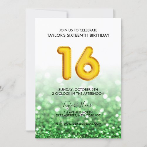 Gold Balloon Green Glitter Sweet 16 Birthday Invitation