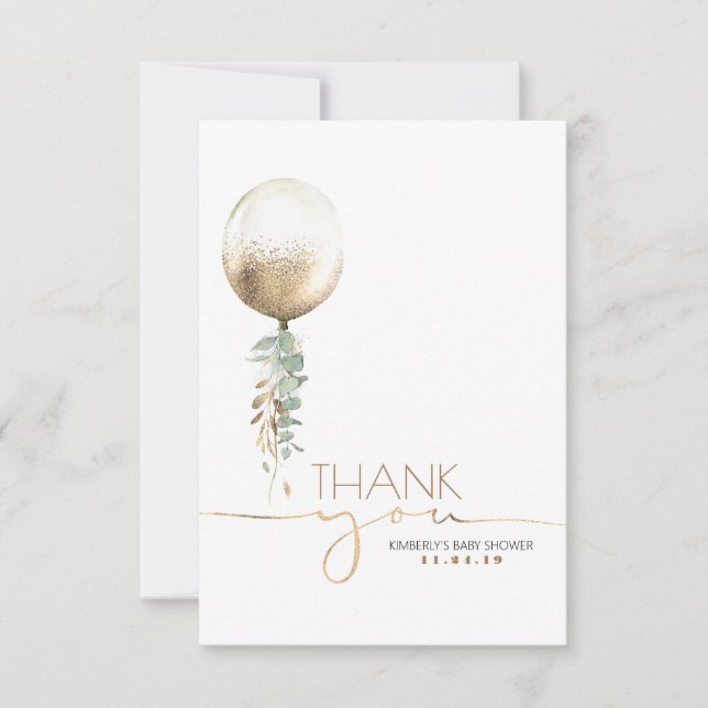 Gold Balloon Greenery Baby Shower Thank You Card (Front)