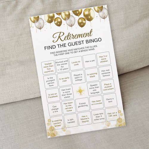 Gold Balloon Happy Retirement Party Game Bingo