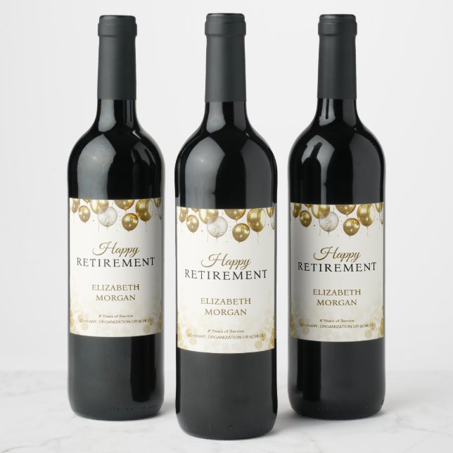Gold Balloon Happy Retirement Wine Label (Bottles)