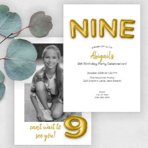 Gold Balloon Ninth Birthday Photo Invite