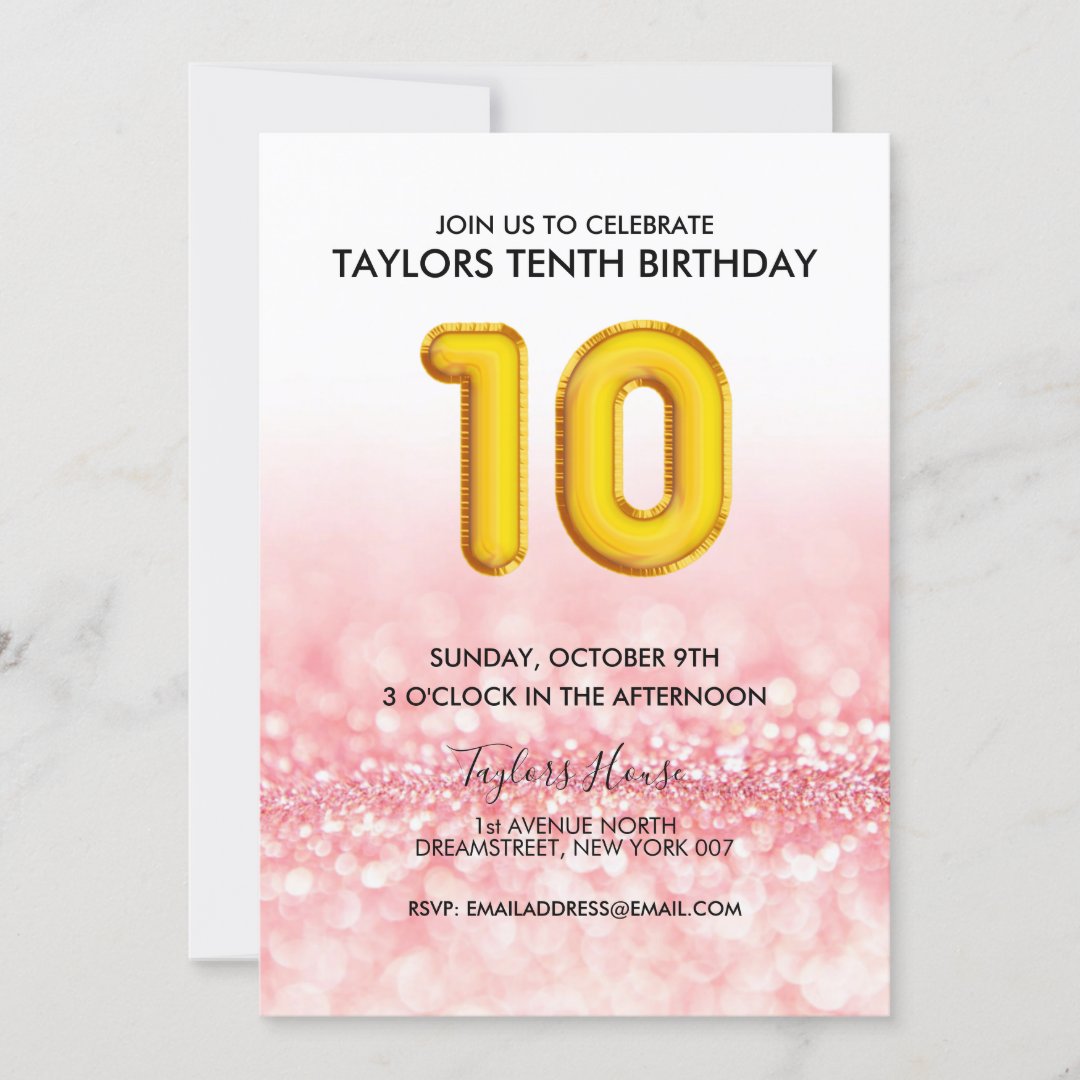 Gold Balloon Pink Glitter 10th Birthday Party Invitation | Zazzle