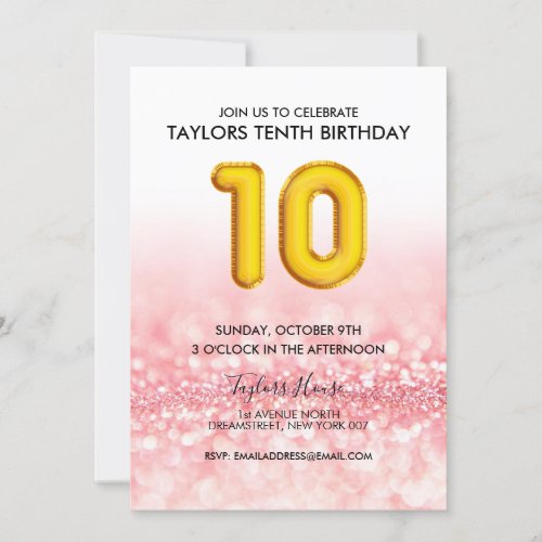 Gold Balloon Pink Glitter 10th Birthday Party Invitation