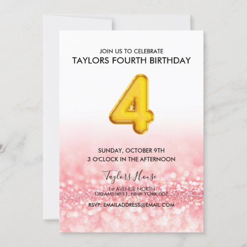 Gold Balloon Pink Glitter 4TH Birthday Party Invitation