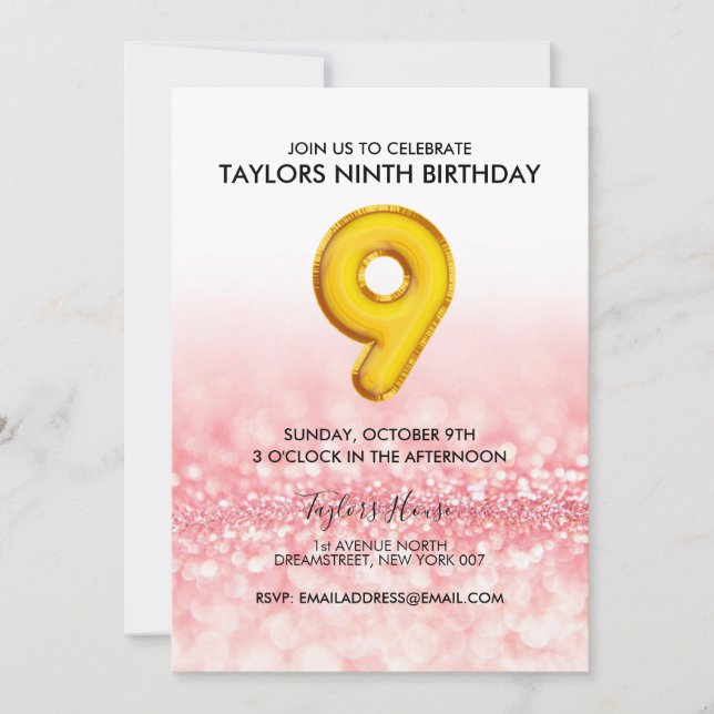 Gold Balloon Pink Glitter 9th Birthday Party Invitation (Front)
