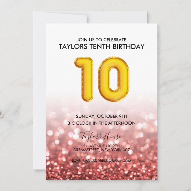 Gold Balloon Red Glitter 10th Birthday Party Invitation (Front)