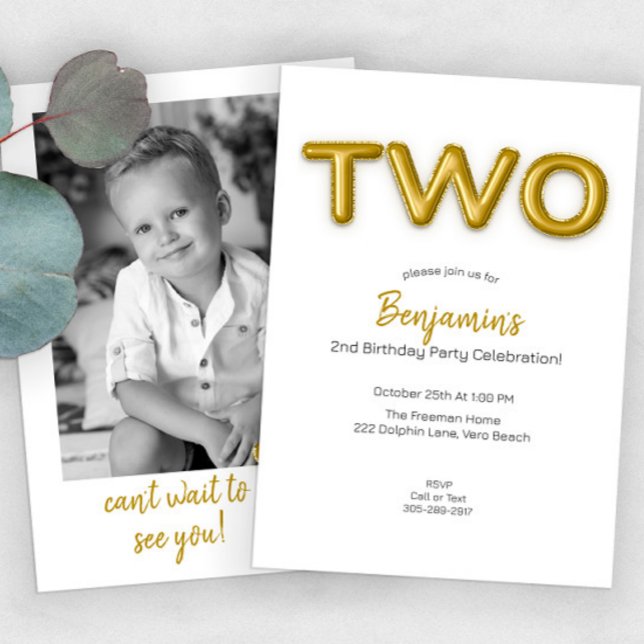 Gold Balloon Second Birthday Photo Invite (Creator Uploaded)