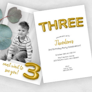 Gold Balloon Third Birthday Photo Invite