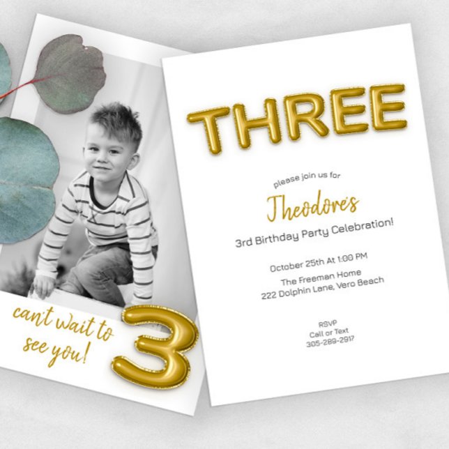 Gold Balloon Third Birthday Photo Invite (Creator Uploaded)