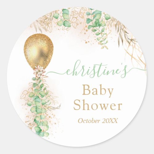 Gold Balloon Watercolor Floral Baby Shower Classic Round Sticker
