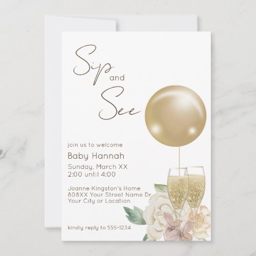 Gold Balloon with Champagne  Flowers Sip and See Invitation