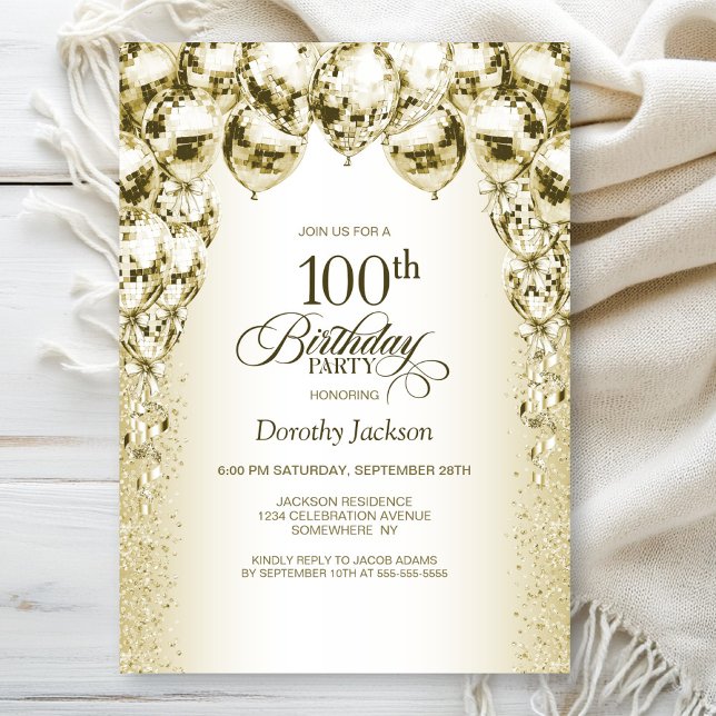 Gold Balloons 100th Birthday Party Invitation (Creator Uploaded)