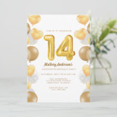 Gold Balloons 14th Birthday Party  Invitation (Standing Front)