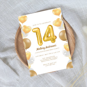 Gold Balloons 14th Birthday Party Invitation