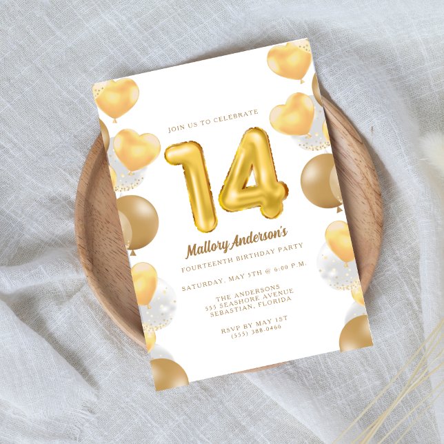Gold Balloons 14th Birthday Party  Invitation