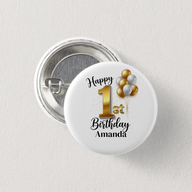 Gold Balloons 1st Birthday Pinback Button (Front & Back)
