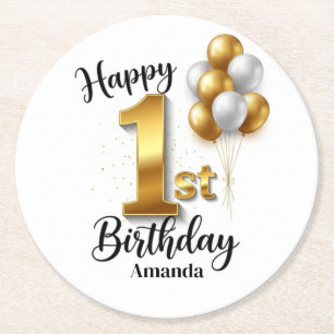 Gold Balloons 1st Birthday Round Paper Coaster