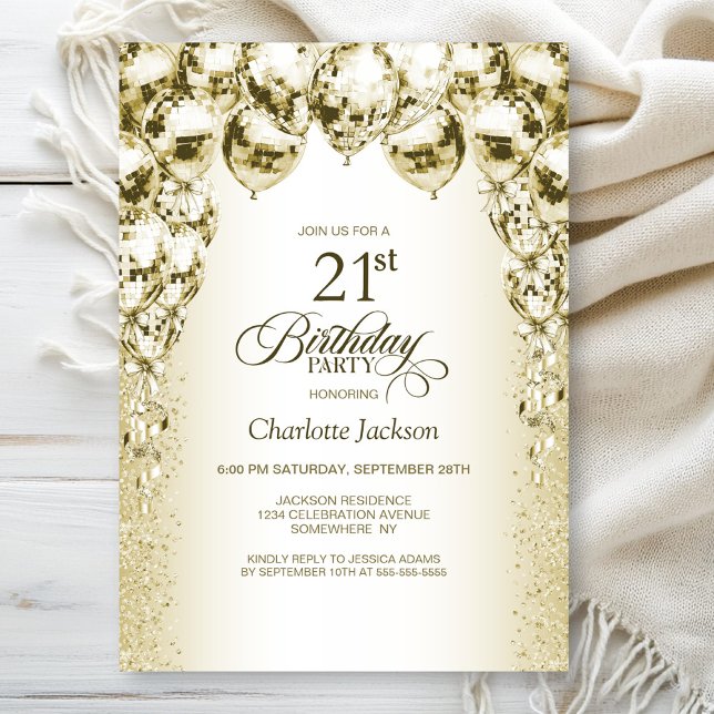 Gold Balloons 21st Birthday Party Invitation (Creator Uploaded)