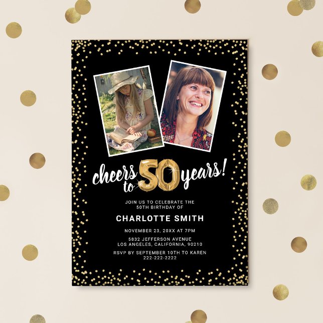 Gold Balloons 2 Photo 50th Birthday  Invitation (Creator Uploaded)
