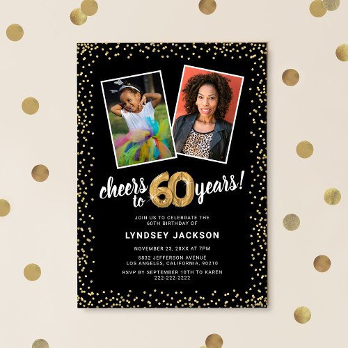 Gold Balloons 2 Photo 60th Birthday  Invitation