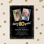 Gold Balloons 2 Photo 80th Birthday  Invitation<br><div class="desc">Celebrate the grand milestone of turning eighty with our elegant birthday party invitations. With a customizable trendy black background, a then and now photo template, and golden accents, these invitations are sure to leave a lasting impression. The gold helium balloon details add a touch of magic, while the modern 80th...</div>