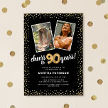 Gold Balloons 2 Photo 90th Birthday  Invitation<br><div class="desc">Celebrate the grand milestone of turning ninety with our elegant birthday party invitations. With a customizable trendy black background, a then and now photo template, and golden accents, these invitations are sure to leave a lasting impression. The gold helium balloon details add a touch of magic, while the modern 90th...</div>