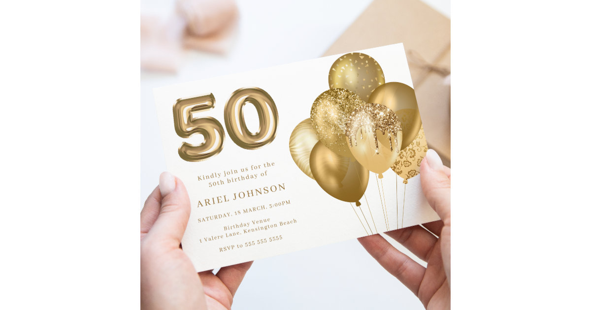 Gold Balloons 50th Birthday Party Invitation | Zazzle