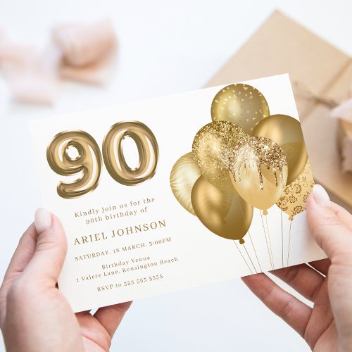 Gold Balloons 90th Birthday Party Invitation