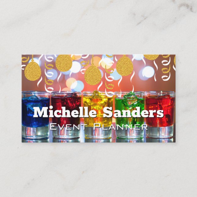 Gold Balloons and Confetti | Colorful Shot Glasses Business Card (Front)