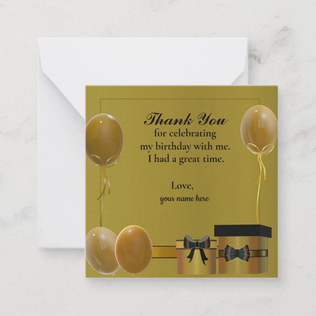 Gold Balloons And Gift Box Thank You Note Card (Front)