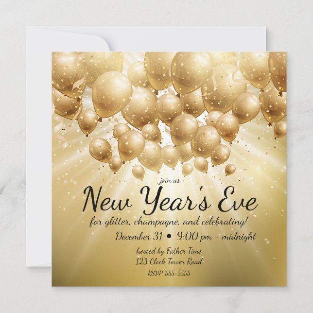 Gold Balloons and Glitter New Year's Eve Party Invitation (Front)