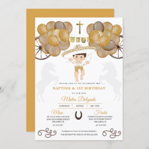 Gold Balloons Baby Charro Mexican Baptism Invitation