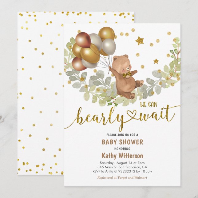Gold Balloons Bear We Can Bearly Wait Baby Shower  Invitation (Front/Back)