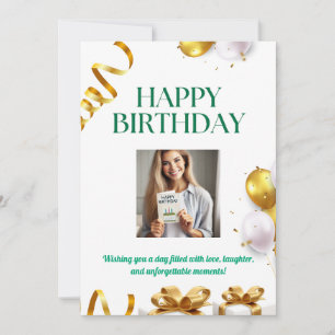 Gold Balloons Birthday Card with Gifts and Ribbons