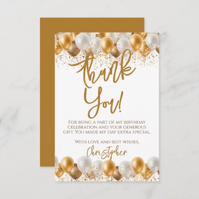 Gold Balloons Birthday Thank You Card (Front/Back)