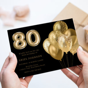 Gold Balloons Black 80th Birthday Party Invitation