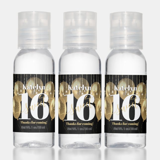 Gold Balloons Black Sweet 16 Birthday Girly Glam Hand Sanitizer (Set)