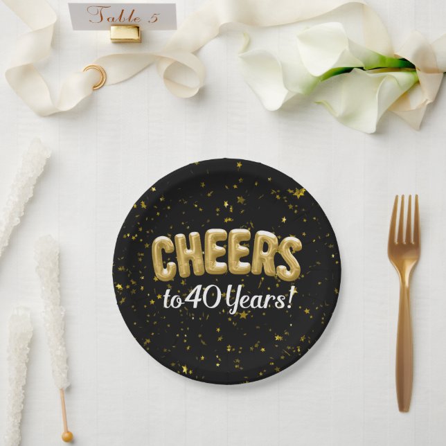 Gold Balloons Cheers to 40 Years 40th Birthday Paper Plates (Wedding)